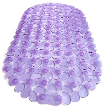 TIKE SMART “Pebbles” Non-Slip Bathtub & Shower Mat 27”x14” Oval - Non-Toxic - Safe, Clean, Machine-Washable, Superior Grip & Drainage, Vinyl, for Smooth Floors ONLY, Transparent Purple
