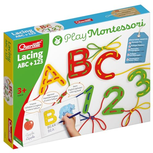 Quercetti: Play Montessori: ABC & 123 - Lacing - 53pc Craft Toy Set, Laces, Letters, Numbers, Coloring Book, Develops Fine Motor Skills, Kids Ages 3+
