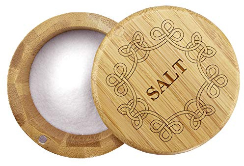 Totally Bamboo Salt Cellar Bamboo Storage Box with Magnetic Swivel Lid, 6 Ounce Capacity, Celtic Knot Engraved on Lid