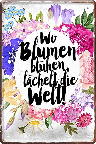 schilderkreis24 - Blechschilder Schöner Spruch “Wo Blumen blühen, lächelt die Welt!” Deko Gartenschild Garten Eingang Tor Terrasse Geschenkidee 20x30 cm