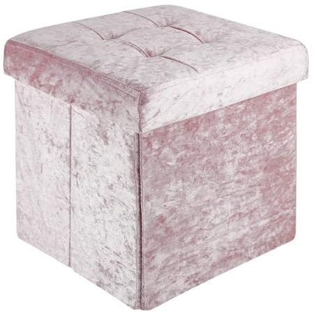 INTIRILIFE Faltbarer Sitzhocker 38x38x38 cm in Samt Rosé - Sitzwürfel mit Stauraum und Deckel mit Samtbezug- Sitzcube Fußablage Aufbewahrungsbox Truhe Sitzbank