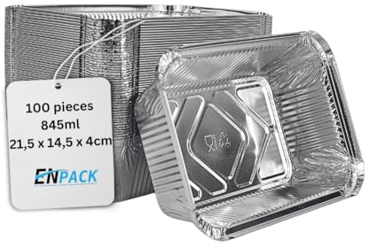 Enpack Aluschale R1-845L - 100 Stück Aluminiumschale mit Deckel - Menüschale - eckige Alu Form mit 845ml - Take away - Grillschalen - Einwegverpackungen - Einmalbehälter Auflauf