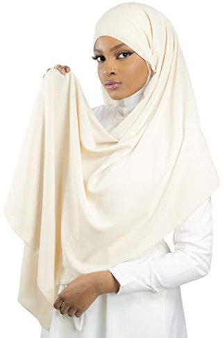 HE700 Damen-Hijab zum Hineinschlüpfen mit Knotenmütze, luxuriöser Medinenseide, Cremefarben, One size