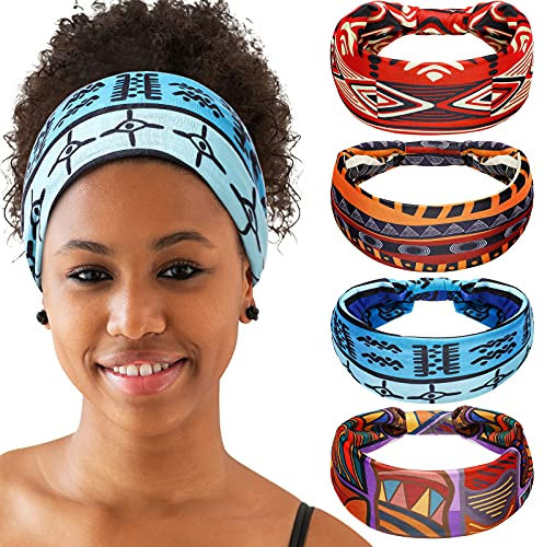 WILLBOND Afrikanische Stirnbänder, knoten, breit, rutschfest, Yoga, dehnbar, Turban, Haarschals, Workout, bedruckt, Chic-Serie, 4 Stück