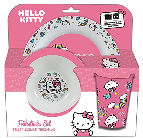 Hello Kitty frukostset, 3-delat porslinsset med tallrik, skål och dryckeskopp, barnservis av plast, diskmaskin/mikrovågsugnssäker
