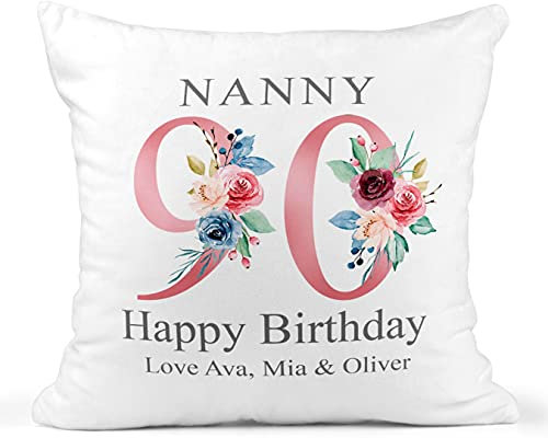 90th Birthday Gift for Women, Personalised Cushion/Pillow with Kids Names and Floral Design, Birthday Gift for Mum, Birthday Gift For Nanny/Grandma, 1931