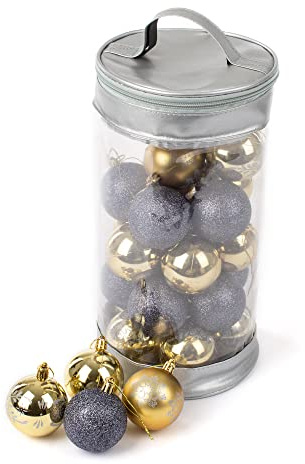 Christmas Village 30 Piece Christmas Tree Decoration Bauble Set With PVC Storage Bag – 6cm Xmas Ornament – Home Office, Holiday Décor - Set includes Mat, Shiny, Glitter Patterned Baubles (Gold/Silver)