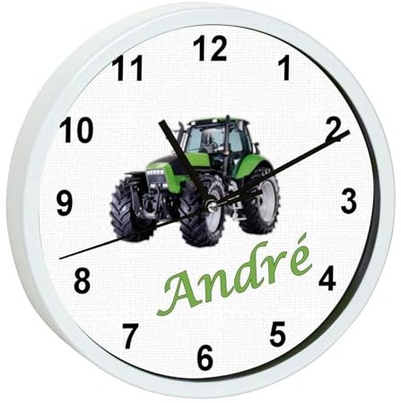 CreaDesign, Wanduhr Kinder personalisiert mit Name, Motiv Traktor, Rahmen Wanduhr weiß, Ø 19,5 cm