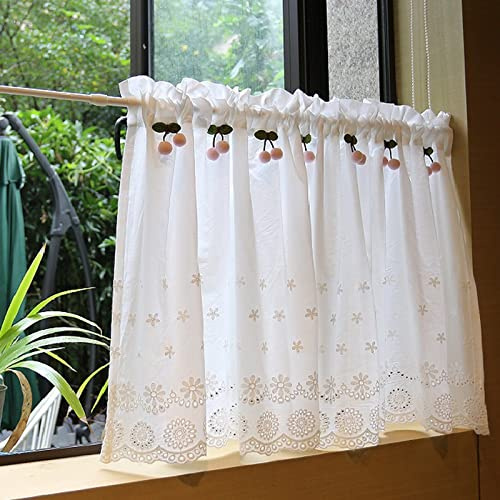 A.Monamour Gardine Scheibengardinen Kurzstores Bauernhaus Weißer Baumwolle Spitze Blumen Stickerei mit Kirschdekor Blickdicht Kurzgardinen Küchengardine Küche Fenster Kurz Vorhang Stores Bistrogardine