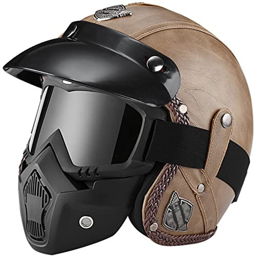 Motorrad-Jethelm mit Maske und Brille Retro-Jethelm mit Abnehmbarer Krempe ECE-zugelassener Schutzhelm für Erwachsene Halbschutzhelm für Männer und Frauen Cruiser Chopper 5,L(59-60CM)