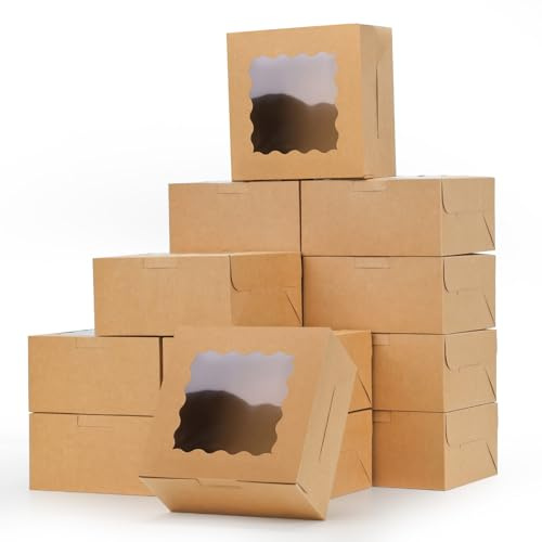 Moretoes 80pcs Brown Bakery Boxes with Window, 6x6x3 Inches Small Cookie Boxes for Treats, Pastries, Chocolate Covered Strawberries, Macarons, Cupcakes, Goodies, Donuts