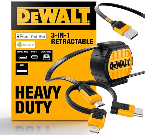 DEWALT Heavy Duty 3 in 1 Retractable Multi Charging Cord, 3ft Fast Charger Cord, Multi Charger Adapter with Lightning/Type C/Micro USB Port for iPhones/Samsung Galaxy/PS/Tablets/More