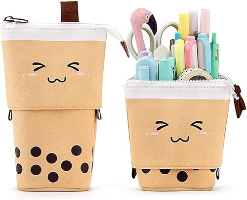 SoulQool Boba Stehendes Federmäppchen, Pop-Up-Federmäppchen, Make-up-Tasche, Stand-Up-Blasen-Tee-Stifthalter, Organizer, Kosmetiktasche, Kawaii Smile Face Schreibwaren (Khaki)