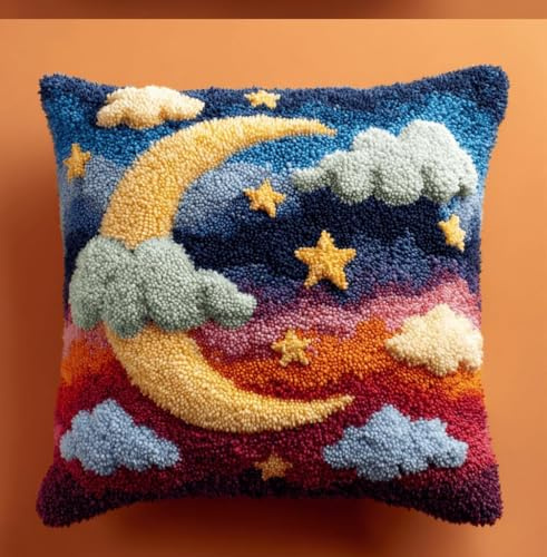 ZUHK 3D Pillow Cushion Cover DIY Kit | Latch Hook Embroidery Set | Cross Stitch Tool Included | 43x43cm fit for DIY Home Accessories (Moon)
