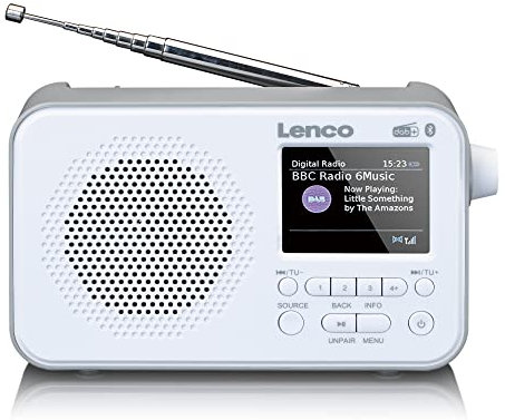 Lenco PDR-036 Radio portatile DAB+ – Bluetooth 5.0 – PLL FM Radio – 4 tasti di memoria – display a colori da 2,4 pollici – batteria integrata – orologio – sleep timer – bianco
