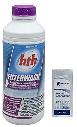 HTH FILTERWASH Liquide teinté - 1L | Nettoyant Filtre et Cellule Electrolyse + 10 Tests HPS OFFERTS 6 en 1