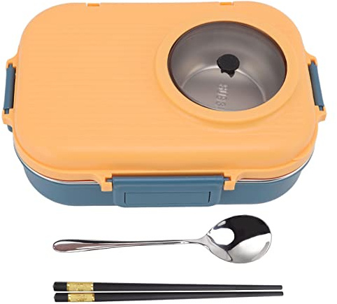 Qcwwy Caja Diseño de Rejilla de Capa 3 Caja de Acero Inoxidable 304 con Palillos Cuchara Tazón de Sopa Térmica 1100Ml Doble (Azul Amarillo)