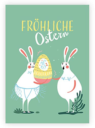 16 Karten: Grüne Oster Klappkarte mit lustigen Osterhasen und frischen Ostereiern - Design Grußkarte zu Ostern mit Umschlag Osterkarte für Mann und Frau
