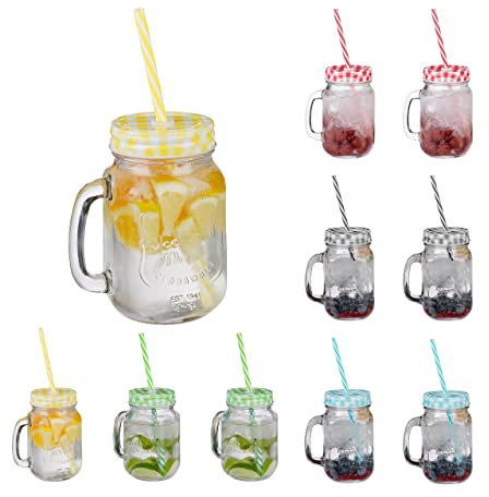 Relaxdays Trinkgläser mit Deckel und Strohhalm, 10er Set Limonadengläser, 500 ml, Retro Sommergläser mit Henkel, bunt