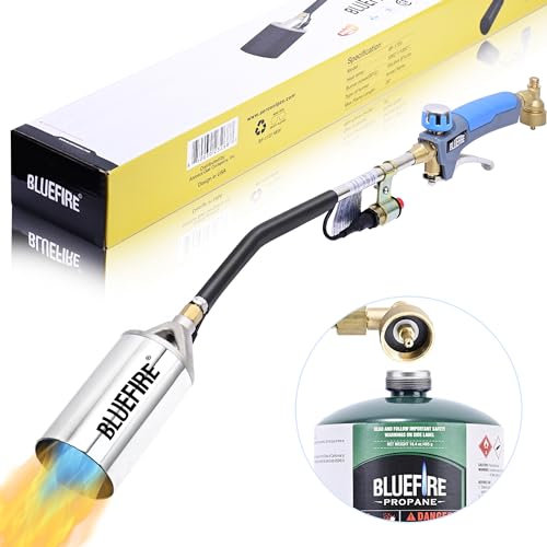 Bluefire Brûleur de mauvaises herbes au propane, 340 000 BTU très résistant avec auto-allumage, sans fil, pour toiture, allumage au charbon de bois, mauvaises herbes, fonte de glace, réparation de