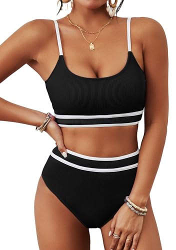 BMJL Women's High Waisted Bikini Ribbed Two Piece Swimsuit High Cut Color Block Adjustable Straps Bathing Suit(M,Black)