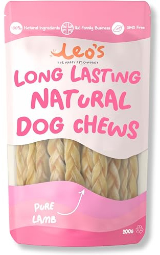 Leo's Lamb Braids for Dogs | 200g | Premium Natural Dog Chews | Long Lasting Dog Chews that Support Healthy Dental Hygiene | 100% Natural | Dog & Puppy Chews | Hypoallergenic Braided Lamb skin