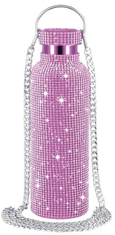 GIONAR Diamant-Wasserflasche, 750 ml, Bling Trinkflasche aus Edelstahl, Wasserflasche mit Diamant und Kette, Thermo-Wasserflasche, bleiben Sie mit Stil hydratisiert für Camping, Party, Rosa