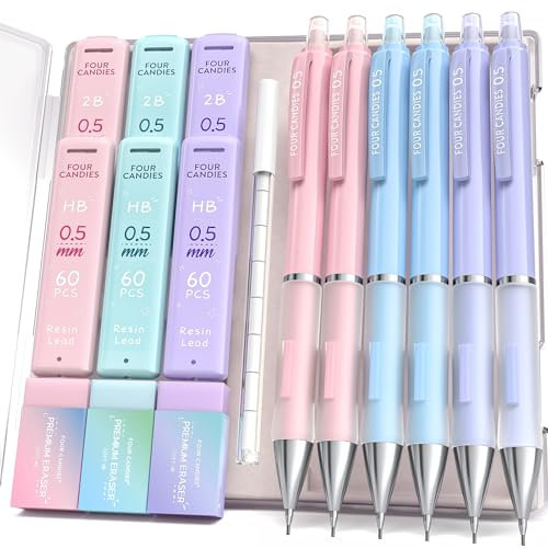 Four Candies 0.5 mm Druckbleistift Set - 6PCS Niedliche Bleistifte mit 360PCS HB&2B Minen, 3PCS Pastell Radiergummis und 9PCS Radiergummiminen