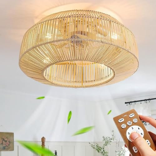 Bambù Retro Paralume Ventilatore Da Soffitto Con Illuminazione E Telecomando Plafoniera Silenzioso Luce Da Soffitto 6 Velocità Ciondolo Reversibile Soggiorno Vintage Camera Letto Luce Sala Da Pranzo