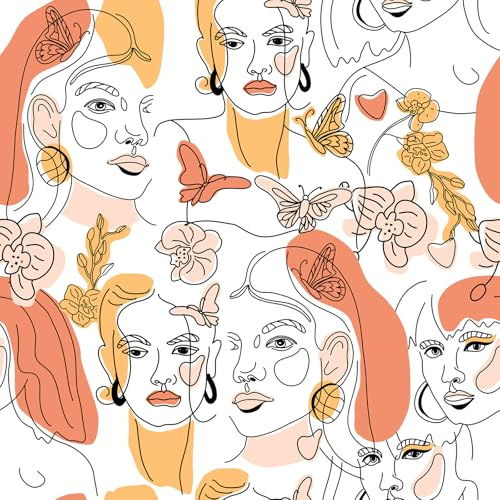 VEELIKE Modern Girls Portraits Geometric Wallpaper Minimalist Face Art Deco Wallpaper for Bedroom Bathroom 44.5 cm × 300 cm Patterned Abstract Geometric Contact Paper Hallway Wall Décor Removable