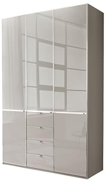 WIEMANN Drehtürenschrank mit 4 Schubkästen hochwertiger Kleiderschrank Schlafzimmerschrank 150cm breit, mit Schubladen, Glas Kieselgrau, Höhe 216cm, Shanghai