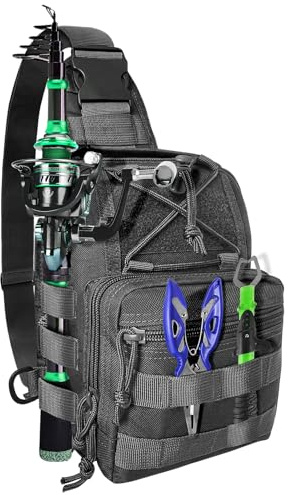 Angelrucksack, Angelausrüstung, Aufbewahrungstasche für Fischausrüstung mit Rutenhalter, kleine Tragetasche, Aufbewahrungsrucksack für Outdoor-Angeln, Wandern, Reisen, Jagd (C-Schwarz)