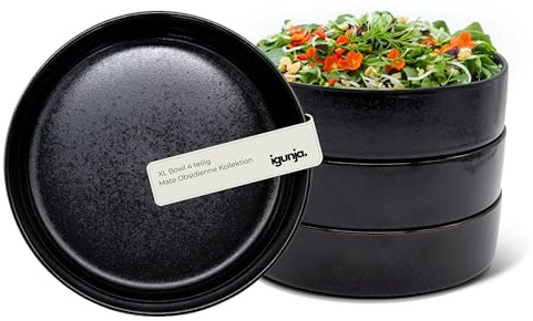 igunja Bowl Schüssel Pastateller Gr. XL Premium Steingut Geschirr Set Schwarz [4 teilig-groß-1L Vol.] 100% Handfertigung Müslischale Ramen Schüssel Smoothie Bowl Suppenschüssel schwarzes Geschirr