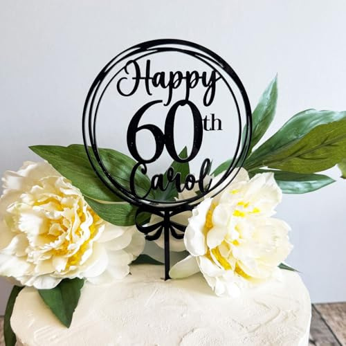 Luck and Luck Personalised Happy 60th Birthday Bow Acrylic Cake Topper, Customised Cake Decoration, 60th Birthday Party Decor, Sixty