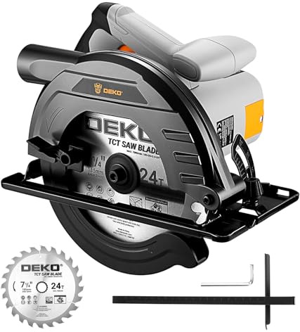 Circular Saw 1200W: DEKOPRO High-Power Saw with 185mm 24T Blade, 4800 RPM, Max Cut Depth 65mm (90°), 43mm (45°), Heavy-Duty Steel Base, Includes Guide Rai, Power Saw for Wood, PVC
