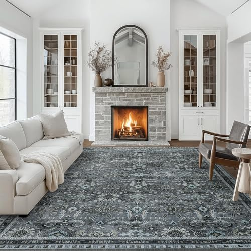 IMIYOKU Tapis Salon 200x290 cm Lavable en Machine Gris Tapis de Chambre Adulte avec Dos Antidérapant Grand Tapis Vintage Oriental Persan à Poils Courts pour Salon Salle a Manger Décoration