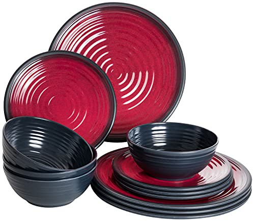 Vajilla melamina roja negra 4 personas 12 aspecto arcilla camping picnic