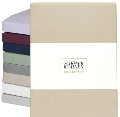 SCHÖNER WOHNEN Spannbettlaken 180x200cm Beige bis 200x200cm - Luxus Spannbetttuch aus Jersey-Baumwolle Öko-Tex Bed Sheets - für Matratzen bis 30 cm Steg hoch & Boxspringbett - Bettlaken King