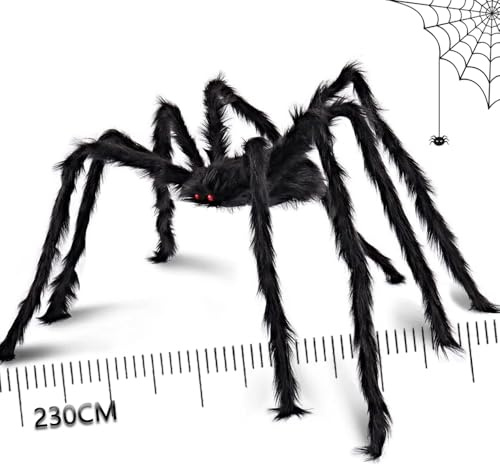 230 cm ragno Halloween decorazioni per esterni e interni, gigantesco ragno nero peloso spaventoso finto oggetti di scena per feste in casa e in giardino