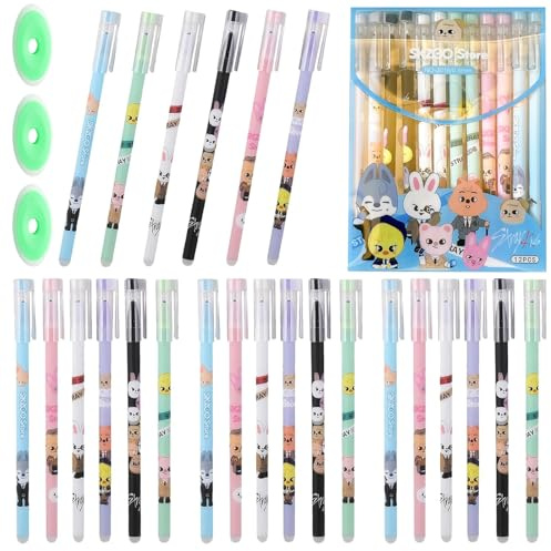 24 Stück Radierbare Stifte - 0.5mm Wegradierbare Stifte mit 3 Löschbarer Radiergummi 6 Verschiedene Farbe Designs Kinder Cartoon Gelstifte Radierbar Kawaii Tierstifte für Schulsachen Bürobedarf