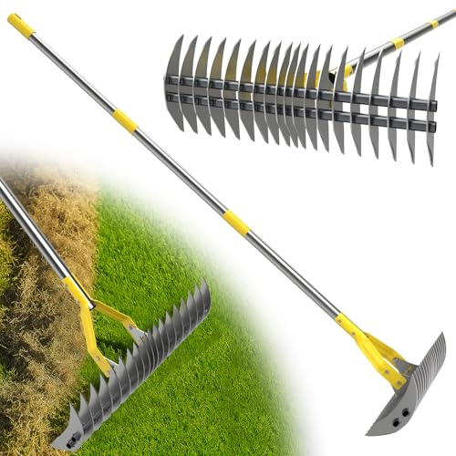 Rastrello robusto da 178 cm per eliminare muschio e feltro con lama affilata per la rimozione di totem erba, cortile, giardino, prato, argento
