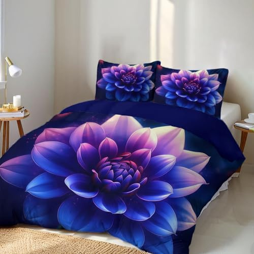 MULERN Set Copripiumino 140x200cm per Viola Blu Dalia con 2 Federe, in Microfibra, con Stampa Fantasia 3D, Morbido Confortevole con Chiusura Lampo, per Adulto Bambini, Singolo, Indaco