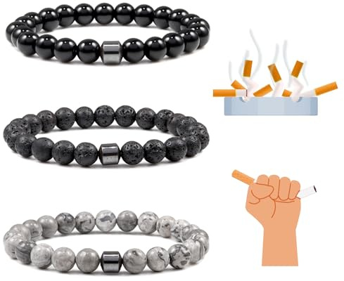 LANWLOSI Lot de 3 bracelets anti-tabac pour homme en pierre naturelle pour arrêter de fumer - Bracelet extensible pour garder les poumons sains - Accessoires cadeaux, Grand, Pierre, Pas de pierre