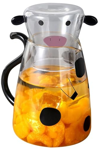Cow Glass Pitcher, Bedside Milk Carafe, Cute Tea Kettle with Mug, Easy Pour Spout, Matching Lid Cup, Compact Beverage Container, Decorative Design, Perfect for Bedroom, Kitchen,