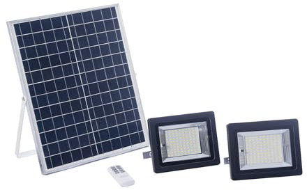 ELEDCO Foco Solar LED con 2 Focos, Luces Exterior con Panel Solar, Batería, Mando a Distancia, Autonomía 8-15 Horas (2 Focos, Luz Cálida 2700K)