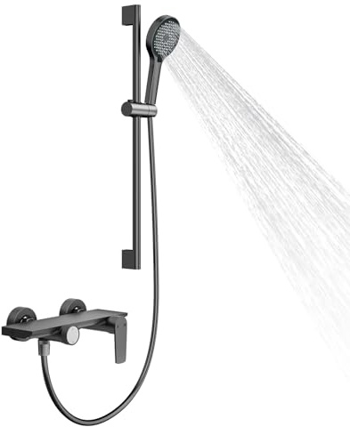Badewannenarmatur mit 4 Funktionen Handbrause, Wasserfall Wasserhahn Badewanne, Mischbatterie Dusche mit 1.5m PVC Schlauch und Höhenverstellbarer Duschstange