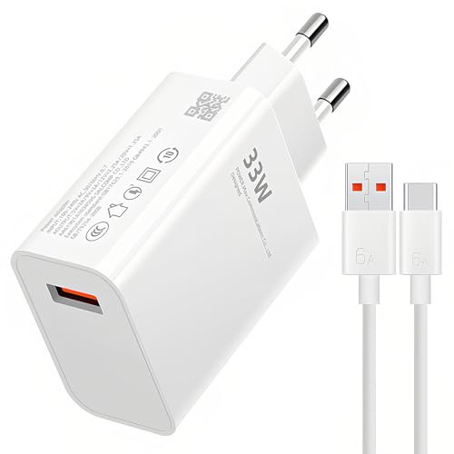 Chargeur Rapide 33W avec Câble USB-C 1M PD3.0, Adaptateur Secteur Universel 100-240V pour Note 13 12 11 Pro Mi 10T 11 Lite POCO X6 X5 X3 F3 M5 M4 Charge Turbo Sécurisée