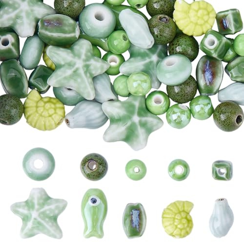 SUNNYCLUE 1 Box 70 Stück Porzellan Muschelperlen Keramik Fischperlen Großpackung Süße Grüne Sterne Muschel Meerestier Rund Quadratisch Lose Abstandshalter Für Schmuckherstellung Basteln Halsketten Arm