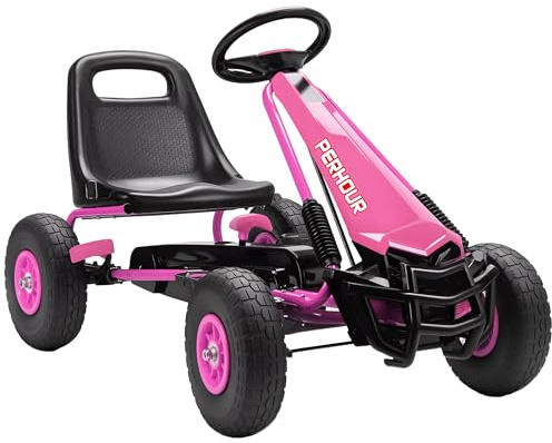 AIYAPLAY Gokart mit Handbremse Verstellbarem Sitz Kinder 3-8 Jahren Rosa | Tretauto, Vor- und Rückwärtsgang, Pedalantrieb, Kinderfahrzeug mit EVA Reifen, Manuelle Kupplung, Tretfahrzeug