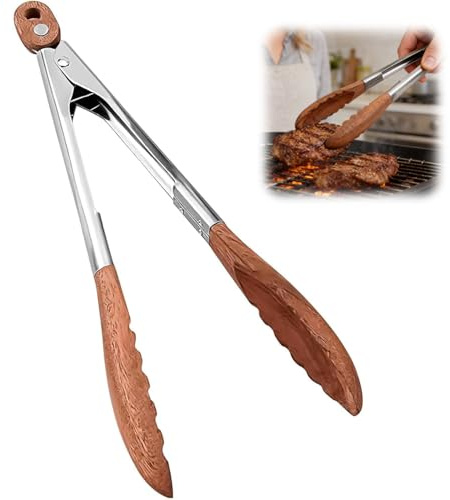 Premium kökstång av valnötsträ och rostfritt stål 29 cm, värmebeständig grilltänger och trätång för grillning, sallad, bröd, pastatång, serveringstång, antibakteriell och diskmaskinssäker